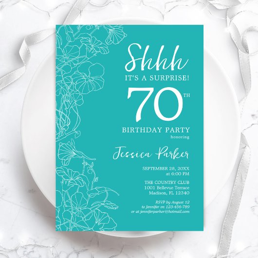 Invitation Surprise 70e anniversaire - Floral Turquoise