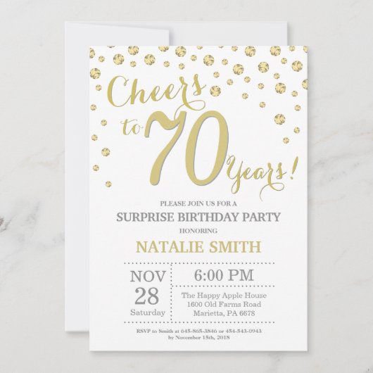 Invitation Surprise 70e anniversaire Gold Parties scintillant (Devant)
