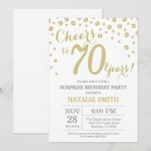 Invitation Surprise 70e anniversaire Gold Parties scintillant (Devant / Derrière)