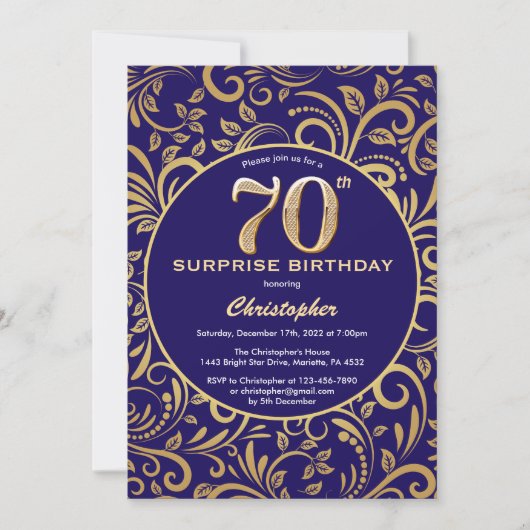 Invitation Surprise 70e anniversaire Marine bleu et or floral (Devant)