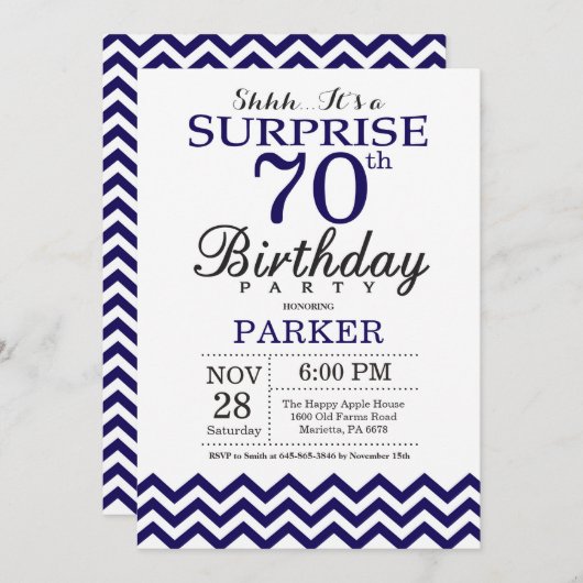 Invitation Surprise 70e anniversaire Marine Blue Chevron (Devant / Derrière)