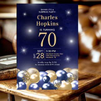 Invitation Surprise 70e anniversaire Marine Blue Gold Ballons