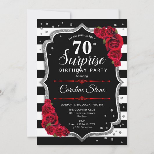 Invitation Surprise 70e anniversaire - Noir Blanc Rouge (Devant)