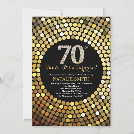 Invitation Surprise 70e anniversaire Parties scintillant noir (Devant)