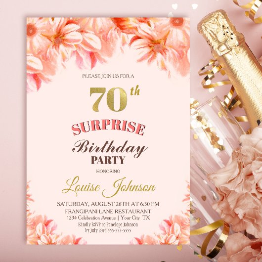 Invitation Surprise 70e anniversaire Pink Gold Floral Party