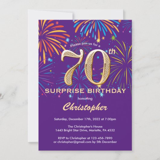 Invitation Surprise 70e anniversaire Purple and Gold Firework (Devant)