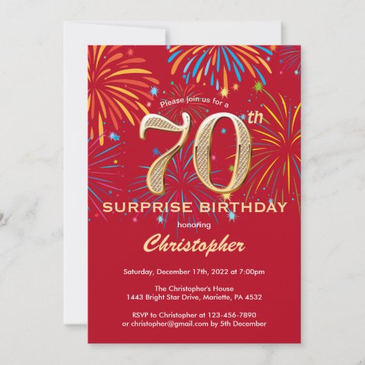 Invitation Surprise 70e anniversaire Red & Gold Rainbow Firew (Devant)