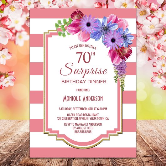 Invitation Surprise 70e anniversaire rose rayé violet fleuri
