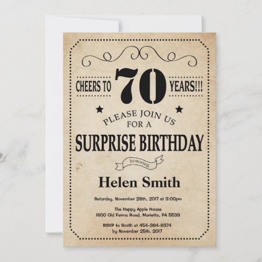 Invitation Surprise 70e anniversaire Rustic Vintage Retro (Devant)