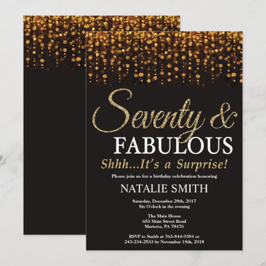 Invitation Surprise 70e anniversaire Soixante-dix et l'or fab (Devant / Derrière)