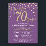 Invitation Surprise 70e anniversaire violet et diamant d'or<br><div class="desc">Surprise 70e anniversaire Invitation avec Parties scintillant violet et or Arrière - plan diamant . Confetti d'or. Anniversaire adulte. Hommes ou Femmes Anniversaire. Pour plus de personnalisation,  cliquez sur le bouton "Customiser" et utilisez notre outil de conception pour modifier ce modèle.</div>