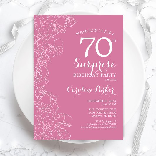 Invitation Surprise 70e fête d'anniversaire - Floral rose