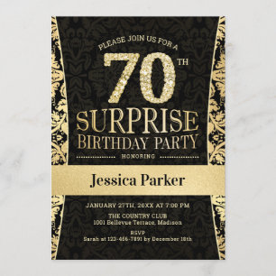 Invitation Surprise 70e fête d'anniversaire - Gold Black