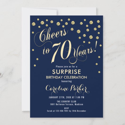 Invitation Surprise 70e fête d'anniversaire - Gold Navy (Devant)