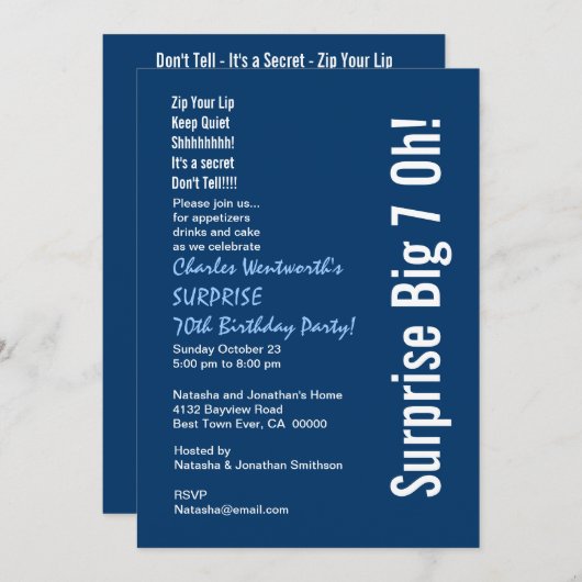 Invitation SURPRISE 70e fête d'anniversaire moderne bleu et b (Devant / Derrière)