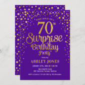 Invitation Surprise 70e fête d'anniversaire - Purple & Gold (Devant / Derrière)