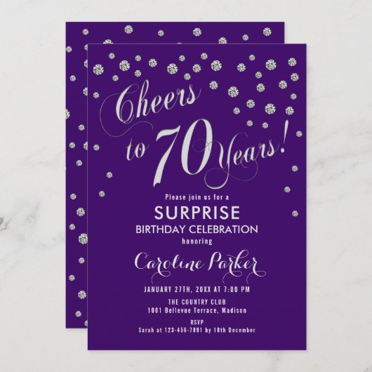Invitation Surprise 70e fête d'anniversaire - Silver Purple (Devant / Derrière)