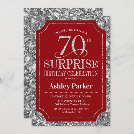Invitation Surprise 70e fête d'anniversaire - Silver Red (Devant / Derrière)
