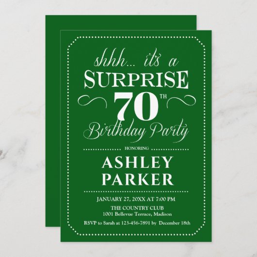 Invitation Surprise 70e fête d'anniversaire - Vert Blanc (Devant / Derrière)