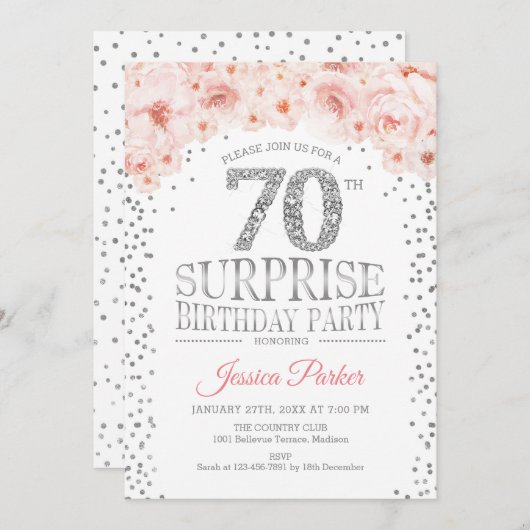 Invitation Surprise 70e fête d'anniversaire - White Silver Pi (Devant / Derrière)