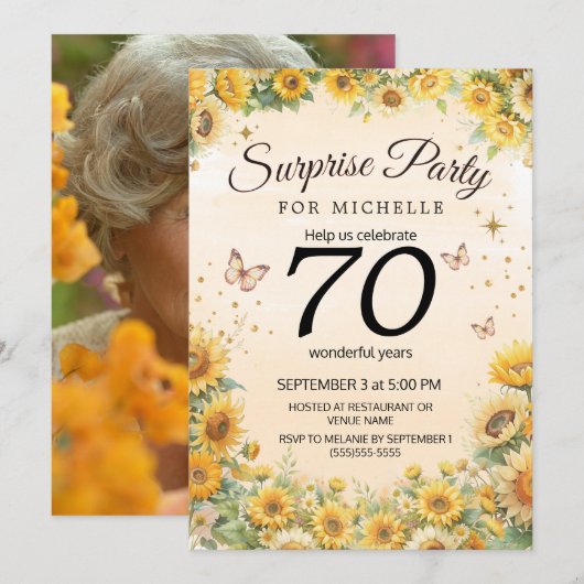 Invitation Surprise 70e Tournesols Papillons (Devant / Derrière)
