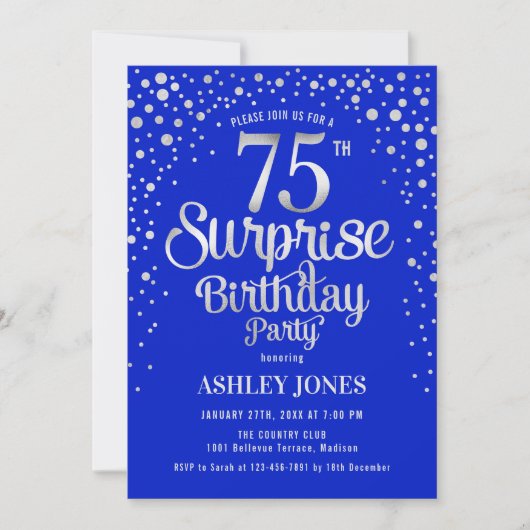 Invitation Surprise 75th Birthday Party - Silver & Royal Blue (Devant)