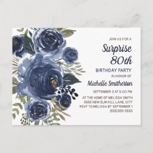 Invitation surprise 80 ans aquarelle florale bleu