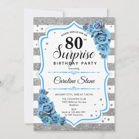 Invitation Surprise 80e anniversaire - Argent Blanc Bleu (Devant)