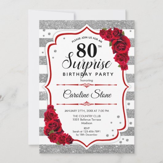 Invitation Surprise 80e anniversaire - Argent Blanc Rouge (Devant)