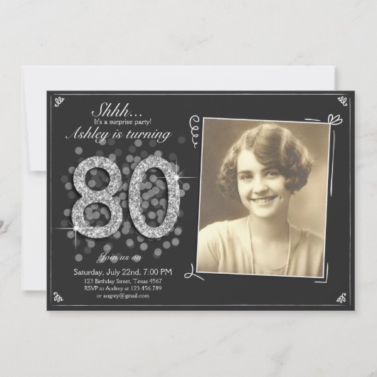 Invitation Surprise 80e anniversaire Argent Vintag (Devant)