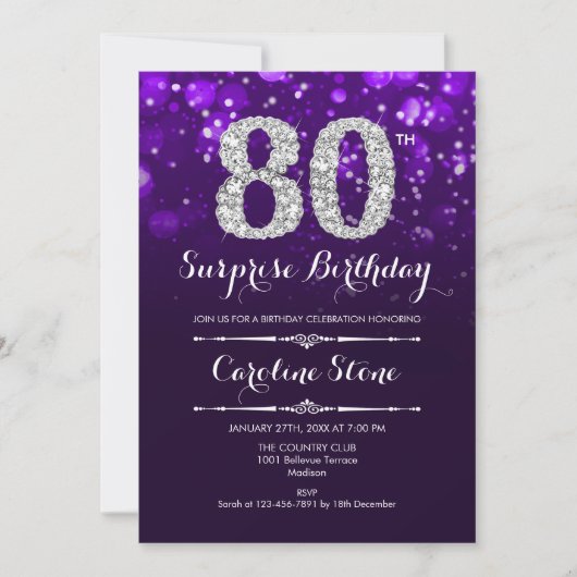 Invitation Surprise 80e anniversaire - Argent violet (Devant)