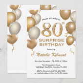 Invitation Surprise 80e anniversaire Ballons blanc et or (Devant / Derrière)
