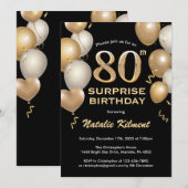 Invitation Surprise 80e anniversaire Ballons noir et or (Devant / Derrière)