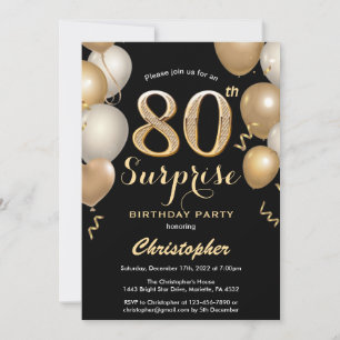 Invitation Surprise 80e anniversaire Ballons noir et or