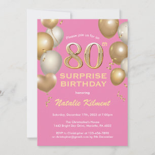 Invitation Surprise 80e anniversaire Ballons rose et or