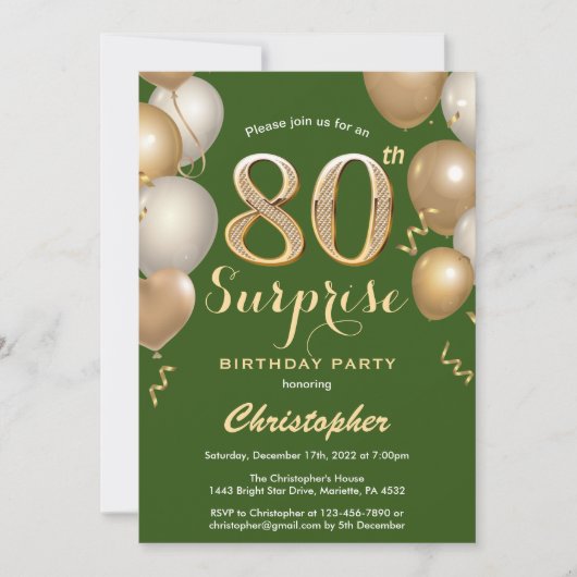 Invitation Surprise 80e anniversaire Ballons vert et or (Devant)