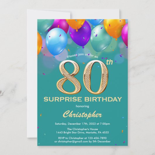Invitation Surprise 80e anniversaire Balloons Turquoise et or (Devant)