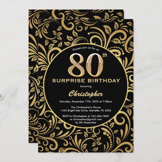 Invitation Surprise 80e anniversaire Black and Gold Floral (Devant / Derrière)