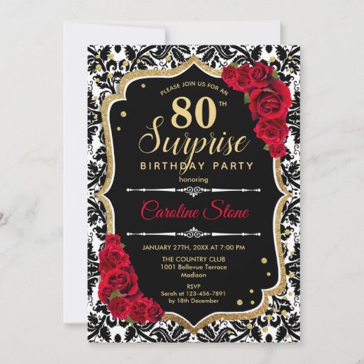 Invitation Surprise 80e anniversaire - Black Gold Red Invitat (Devant)