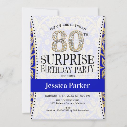 Invitation Surprise 80e anniversaire - Blanc Gold Royal Blue (Devant)