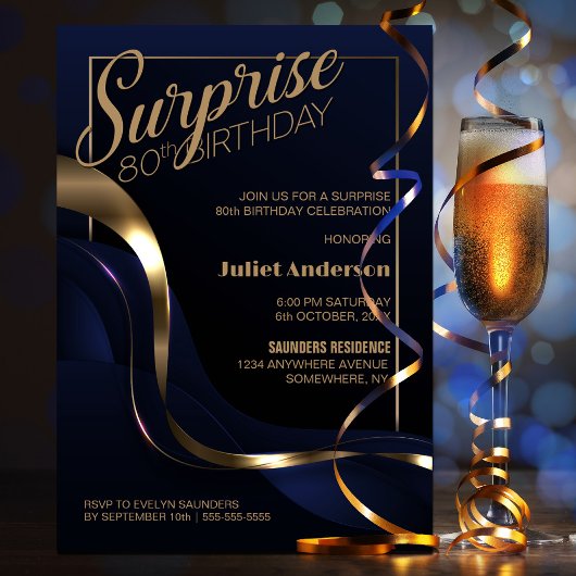 Invitation Surprise 80e anniversaire Blue Gold Party Invitati