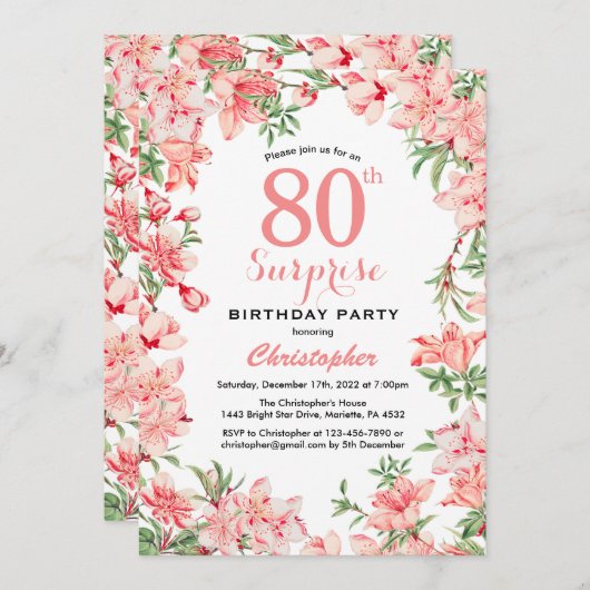Invitation Surprise 80e anniversaire Boho rose botanique flor (Devant / Derrière)