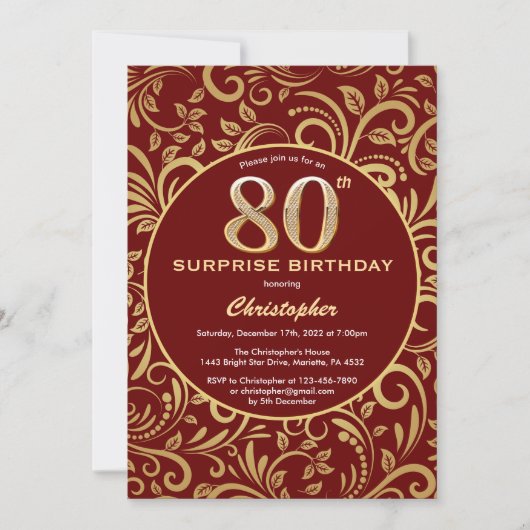 Invitation Surprise 80e anniversaire Bourgogne Rouge & Or Flo (Devant)