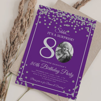 Invitation SURPRISE 80e Anniversaire Confettis Argent Violet