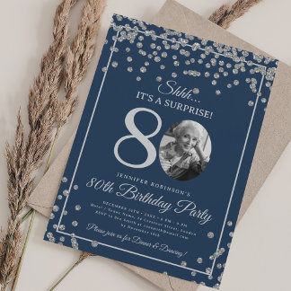 Invitation SURPRISE 80e Anniversaire Confettis Argentés Bleu