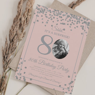 Invitation SURPRISE 80e Anniversaire Confettis Argentés Rose