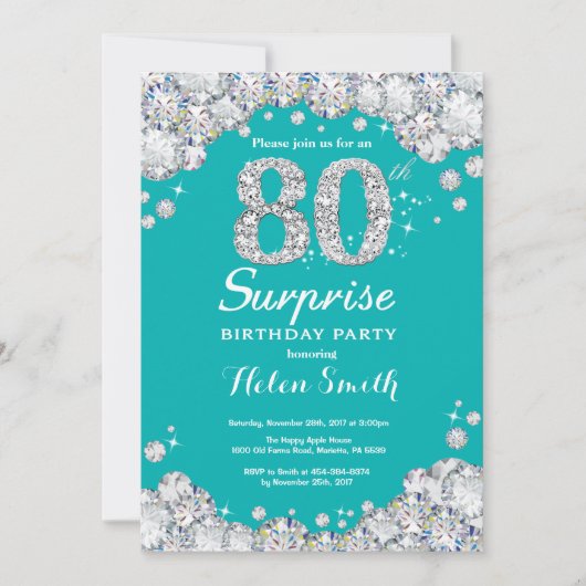 Invitation Surprise 80e anniversaire Diamant Turquoise et Arg (Devant)