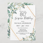 Invitation Surprise 80e anniversaire Eucalyptus Vert & Or (Devant / Derrière)