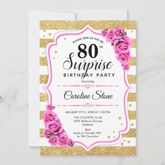 Invitation Surprise 80e anniversaire - Gold White Rose (Devant)