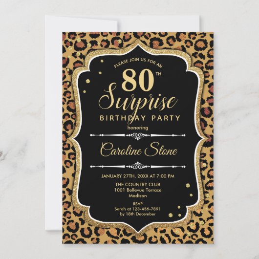 Invitation Surprise 80e anniversaire - Leopard Black Gold (Devant)